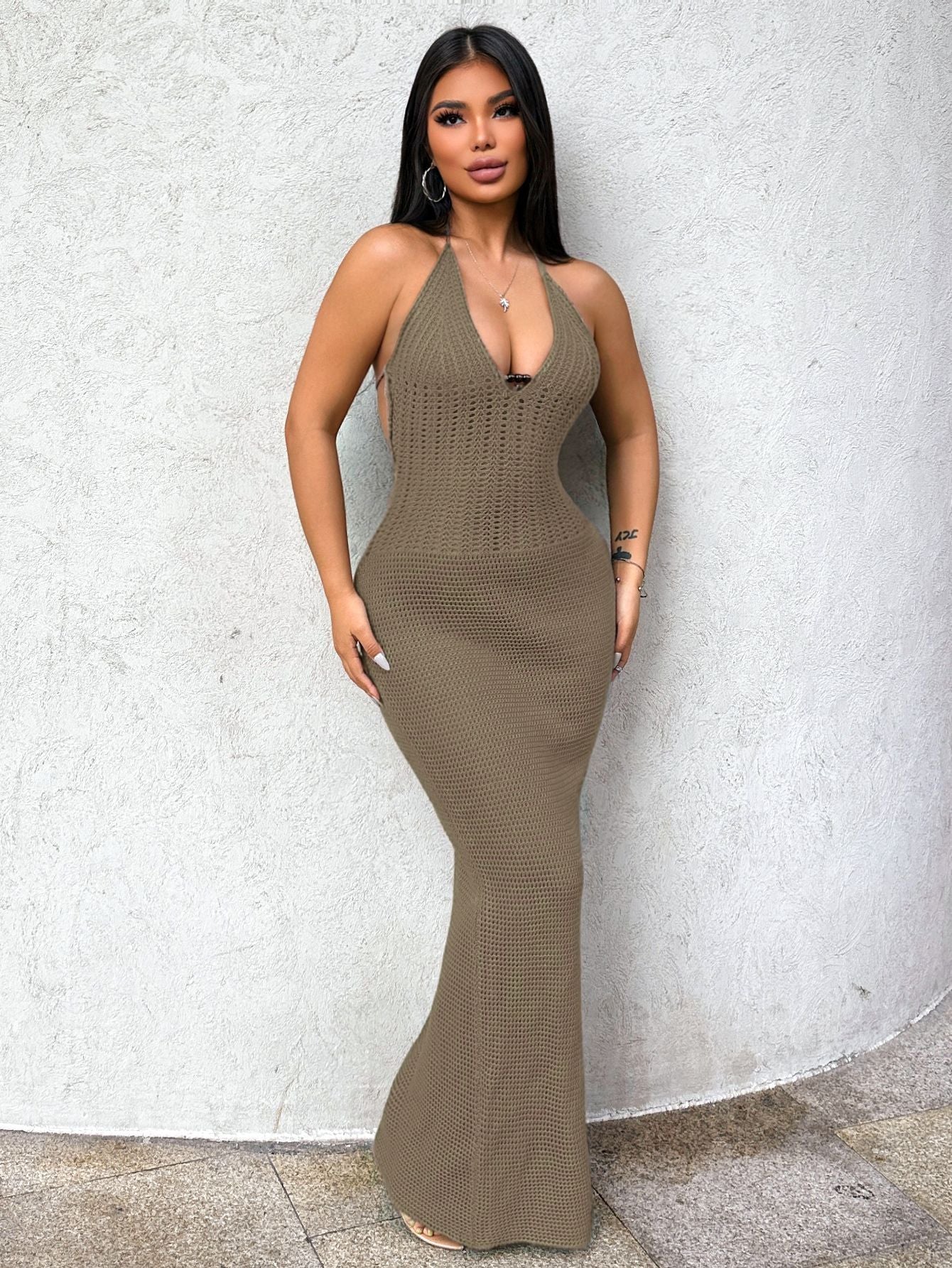 Women's Summer Sexy V-Neck Halter Neck Low Back Knitted Long Dress 3