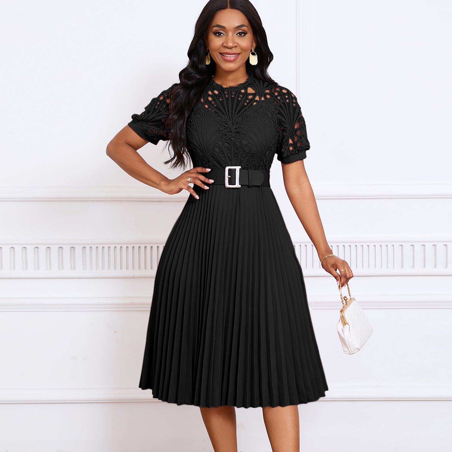 Women Short Sleeve Lace Patchwork Pleated African Dress 5