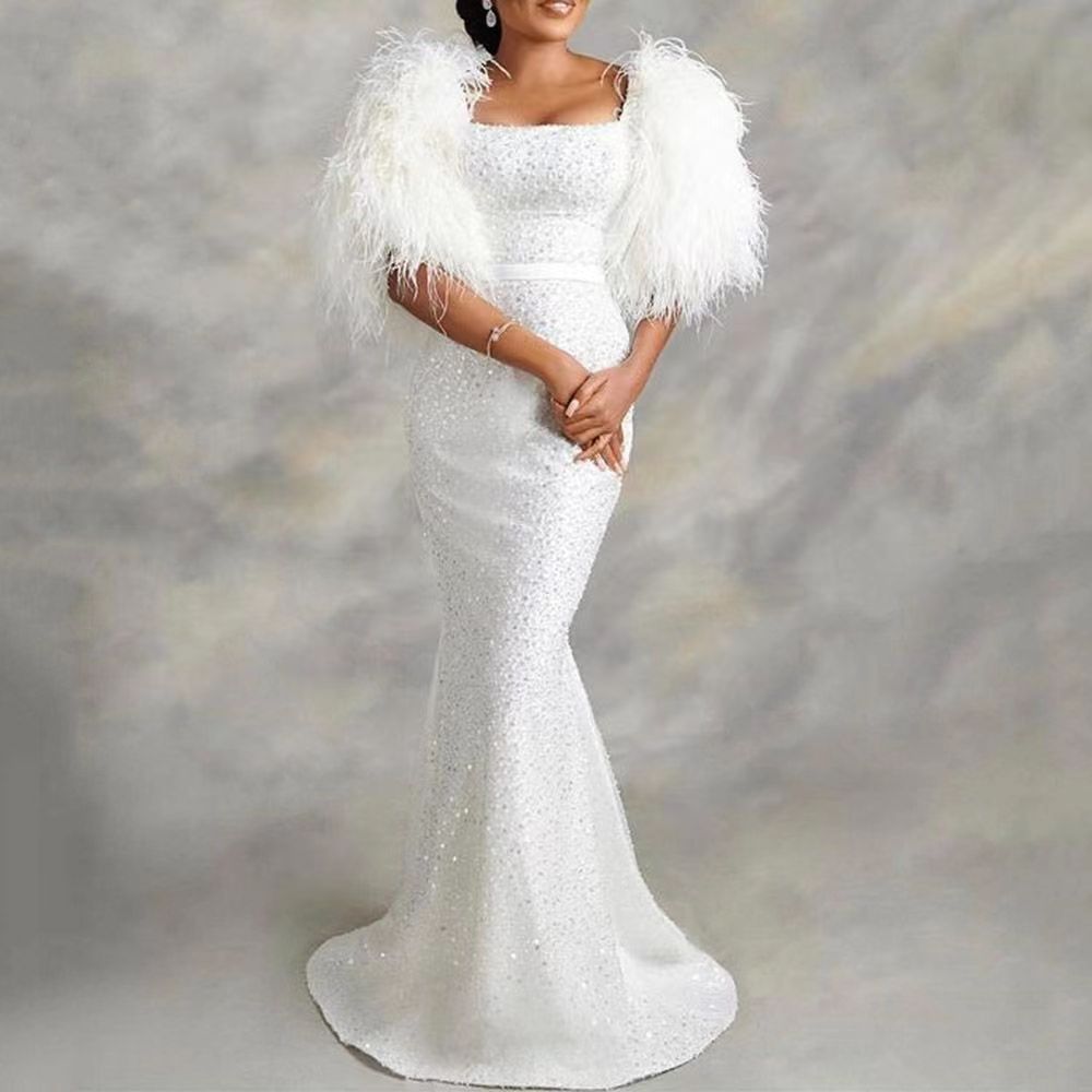 Women U-Neck Sequin Feather Sleeve Evening Dress