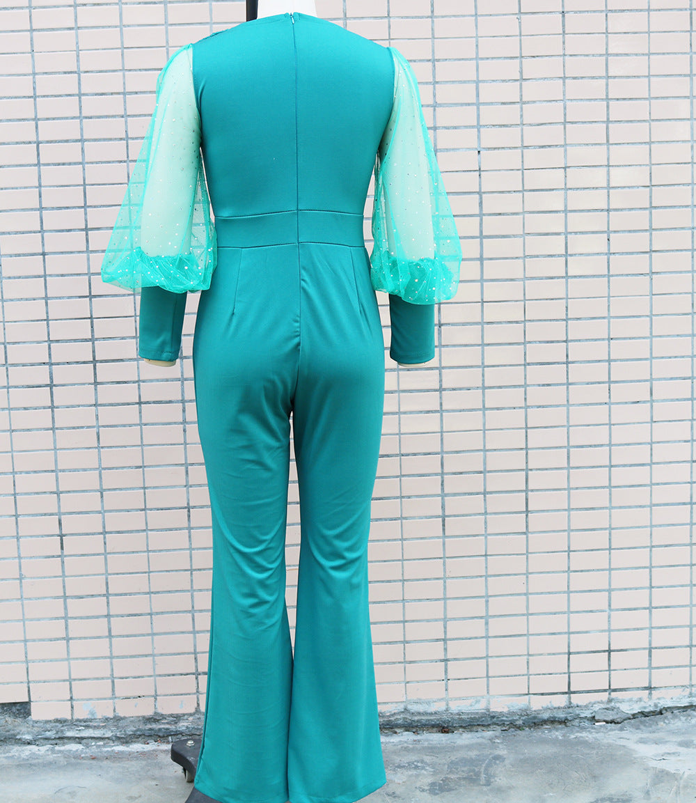 Women'S Autumn Fashion Chic Elegant V-Neck Mesh Patchwork Wide Leg Jumpsuit 14