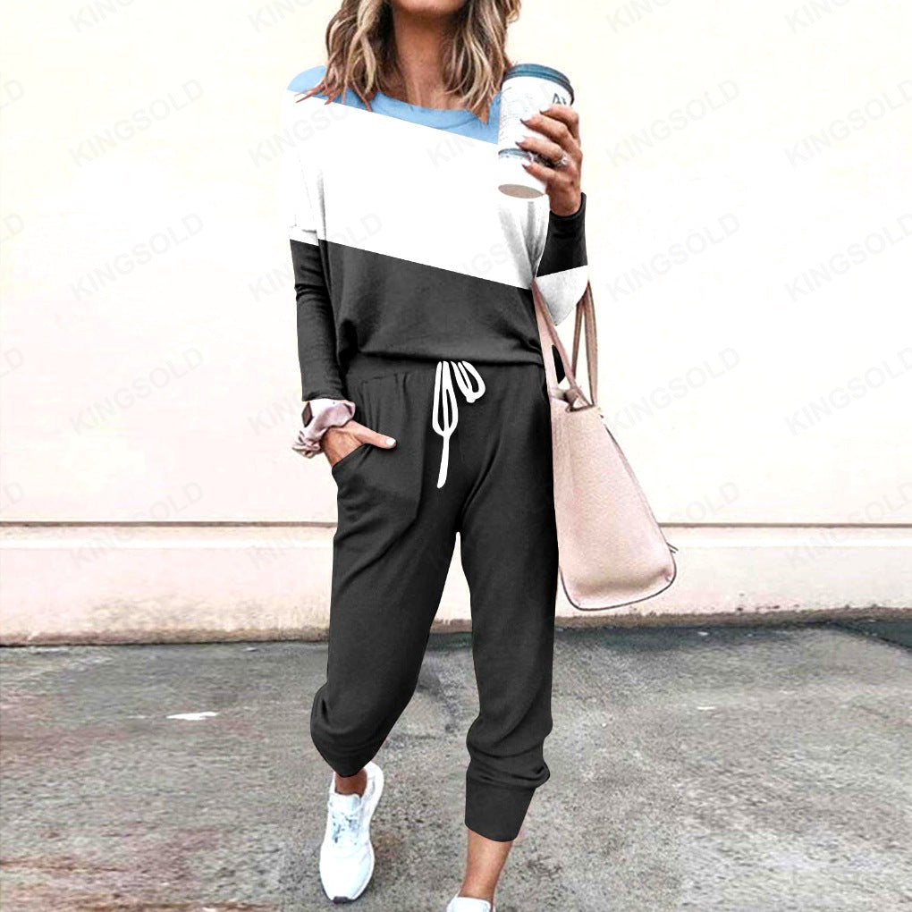 Women Loose Solid Long Sleeve Top and Pant Casual Two-piece Set 14