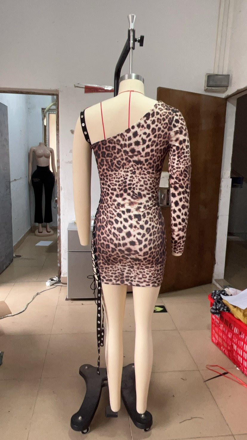 Fashion Print Slash-Shoulder Lace-Up Bodycon Dress 4