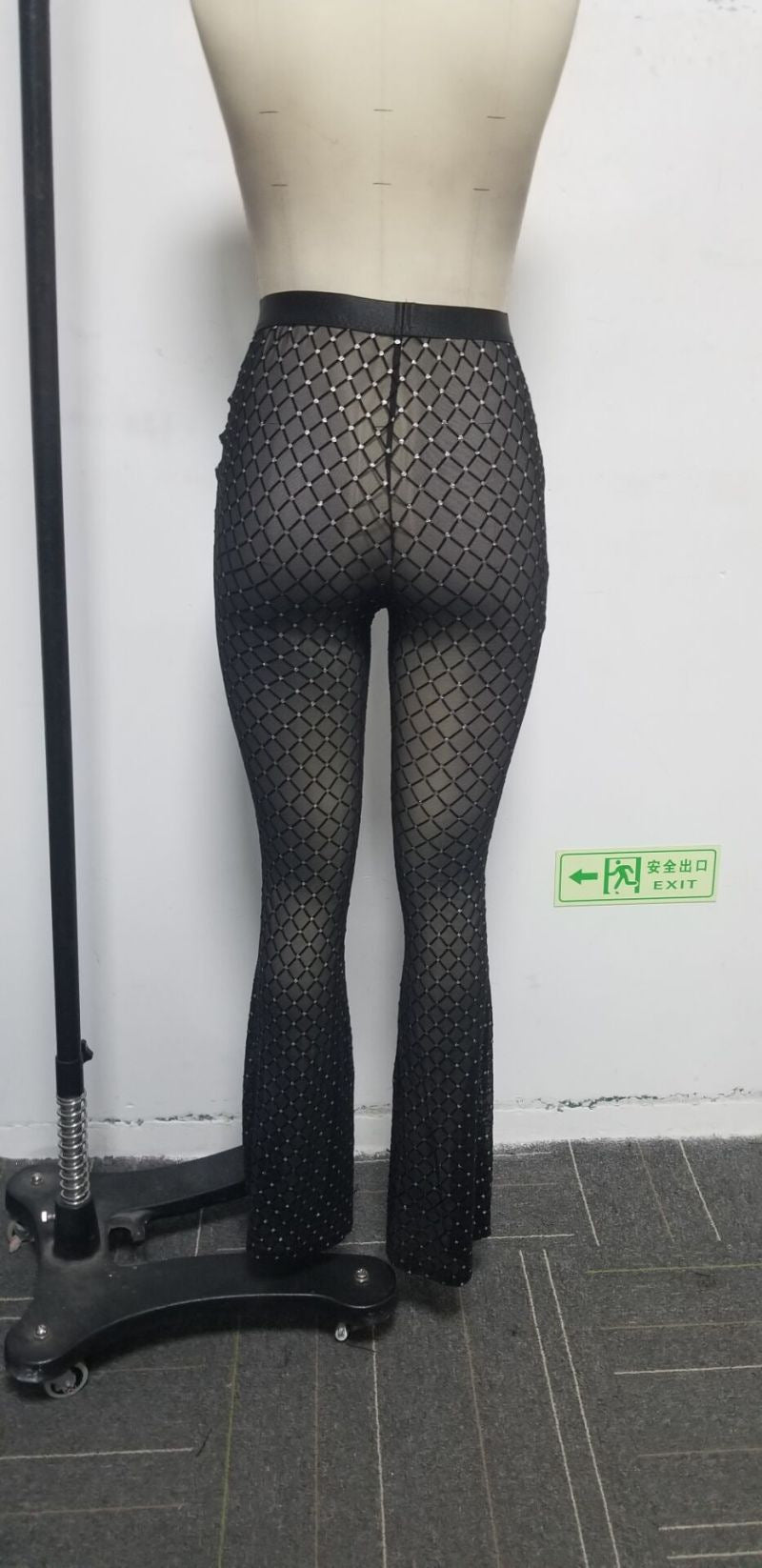 See-Through Rhinestone Mesh Sexy Trousers Women Nightclub High Waist Flared Pants 7
