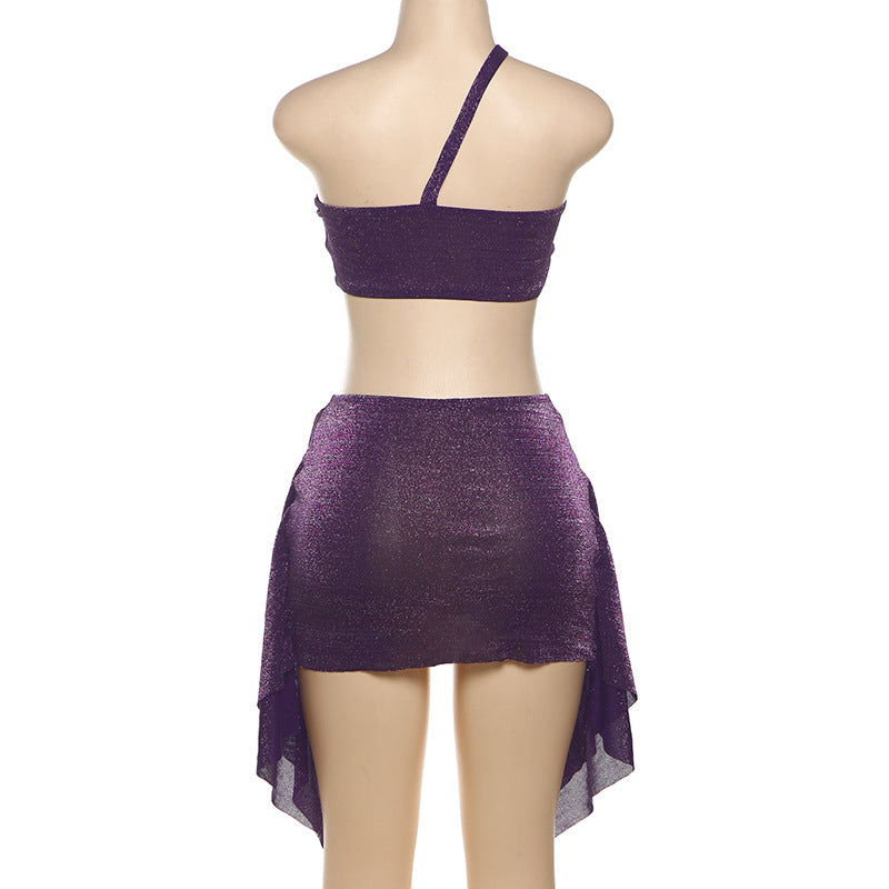 Women summer sexy Solid one-shoulder Halter Neck Strapless Top and Skirt two-piece set 7