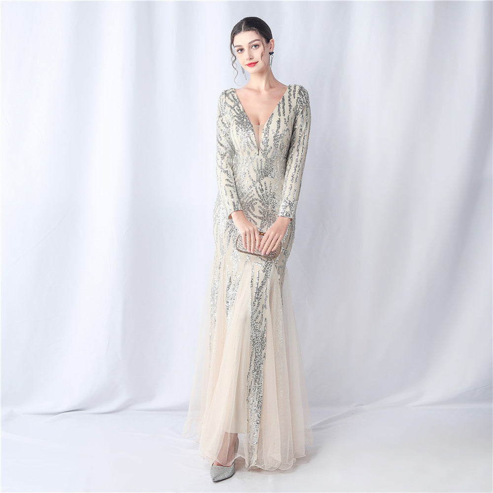 Women mesh sequin wedding dinner long-sleeved evening dress 13