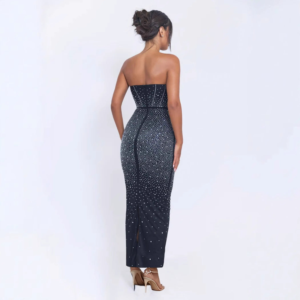 Sexy Beaded Strapless Elastic Back Slit Slim Long Dress 5