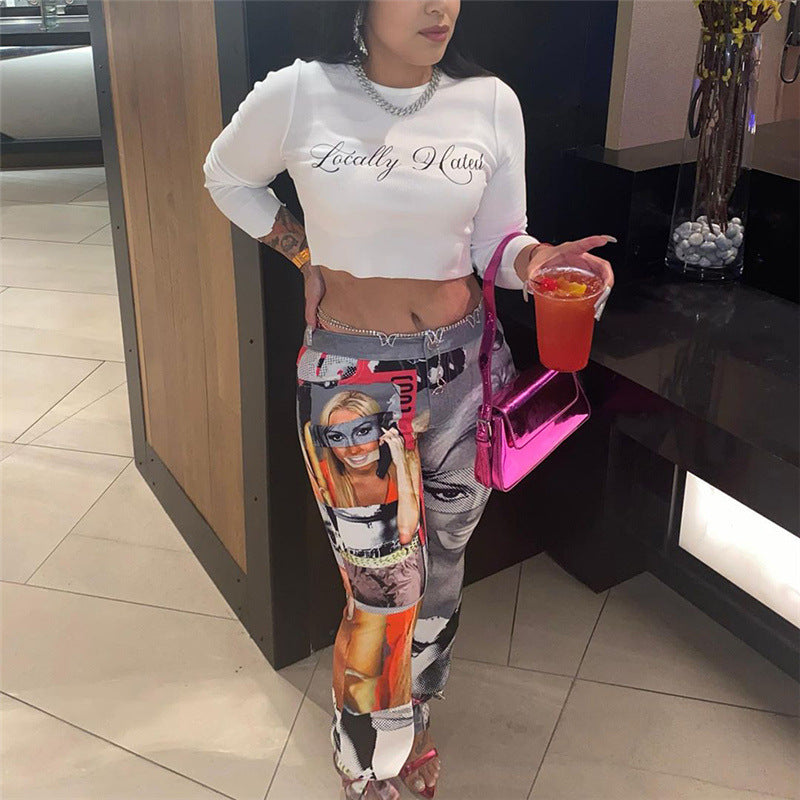 Fall Women Print Style Straight Casual Pants 5