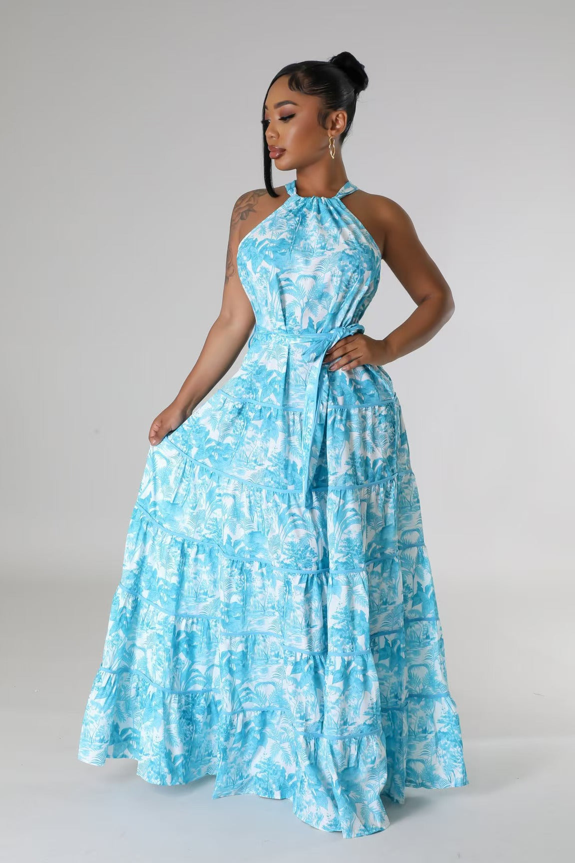 Fashion Printed Halter Neck A-line Maxi Dress 3