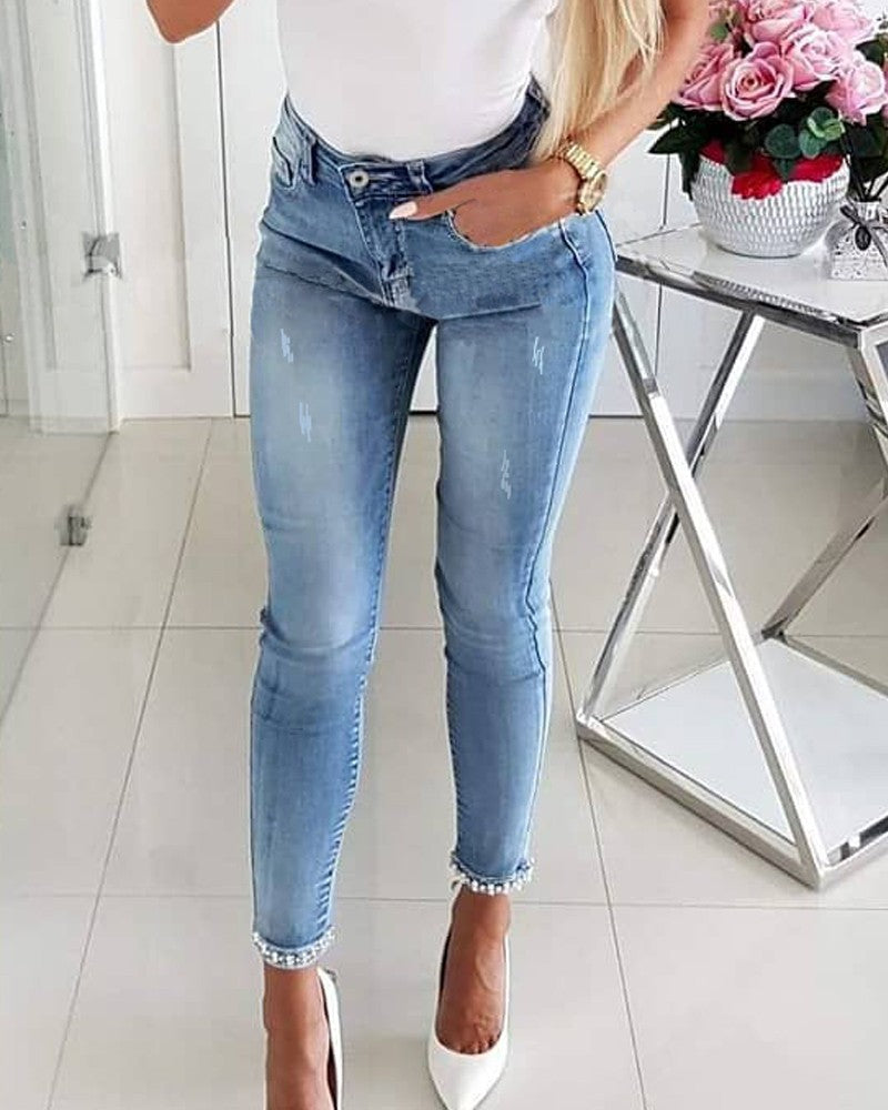 Women butterfly beaded Denim slit Pant 6