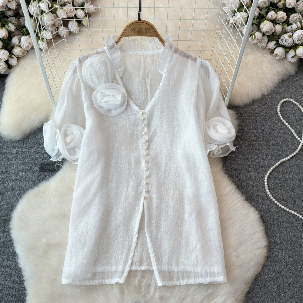 Women French Summer Short Sleeve Flower Mesh Shirt 9