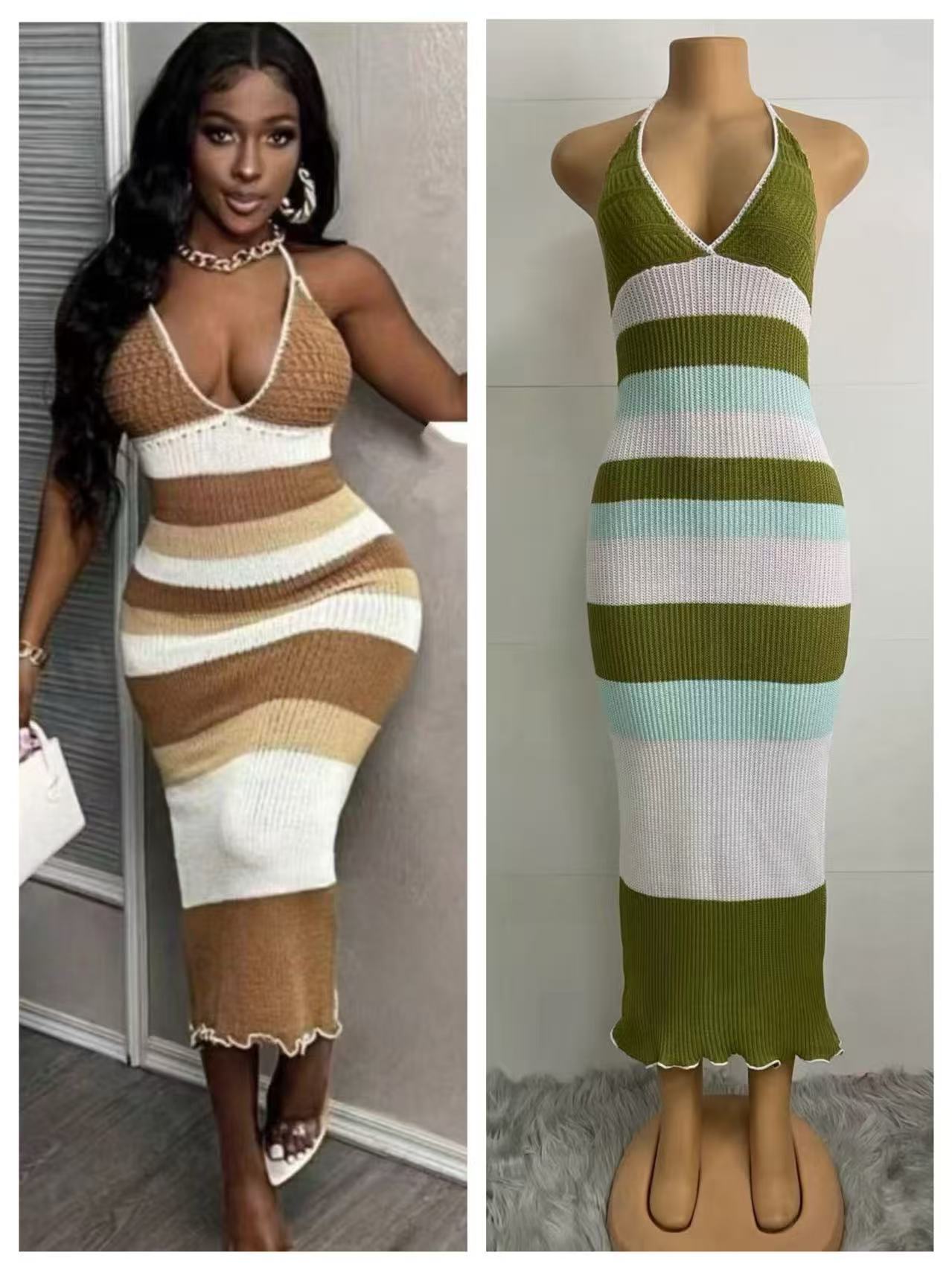 Summer Knitting Sexy Color Block Fashion Holidays Beach Long Dress 4