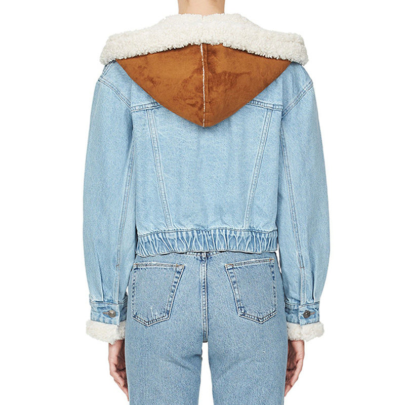 Women Denim Lamb Wool Autumn and Winter Patchwork Style Single Breasted Crop Jacket 8
