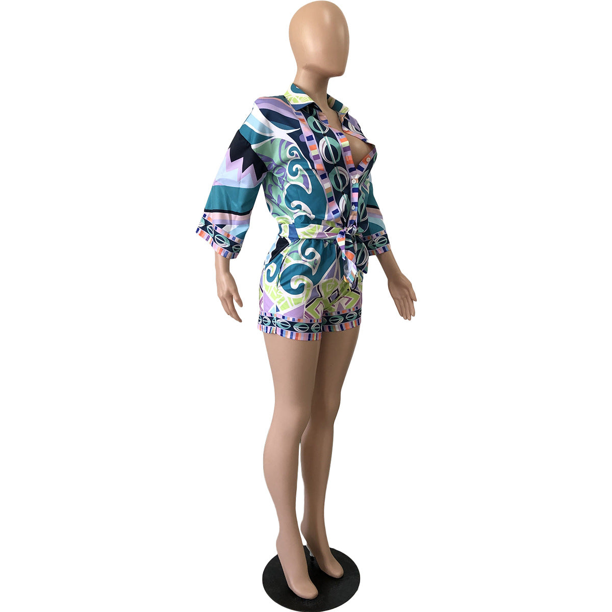 Women Clothing Full Positioning Print Half Sleeve Shirt Shorts Casual Two Piece Set 7