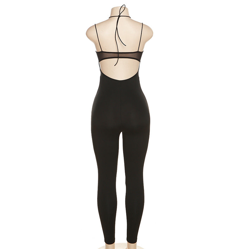 Summer Women's Sexy Hollow See-Through Halter Neck High Waist Tight Fitting Knitting Jumpsuit 11