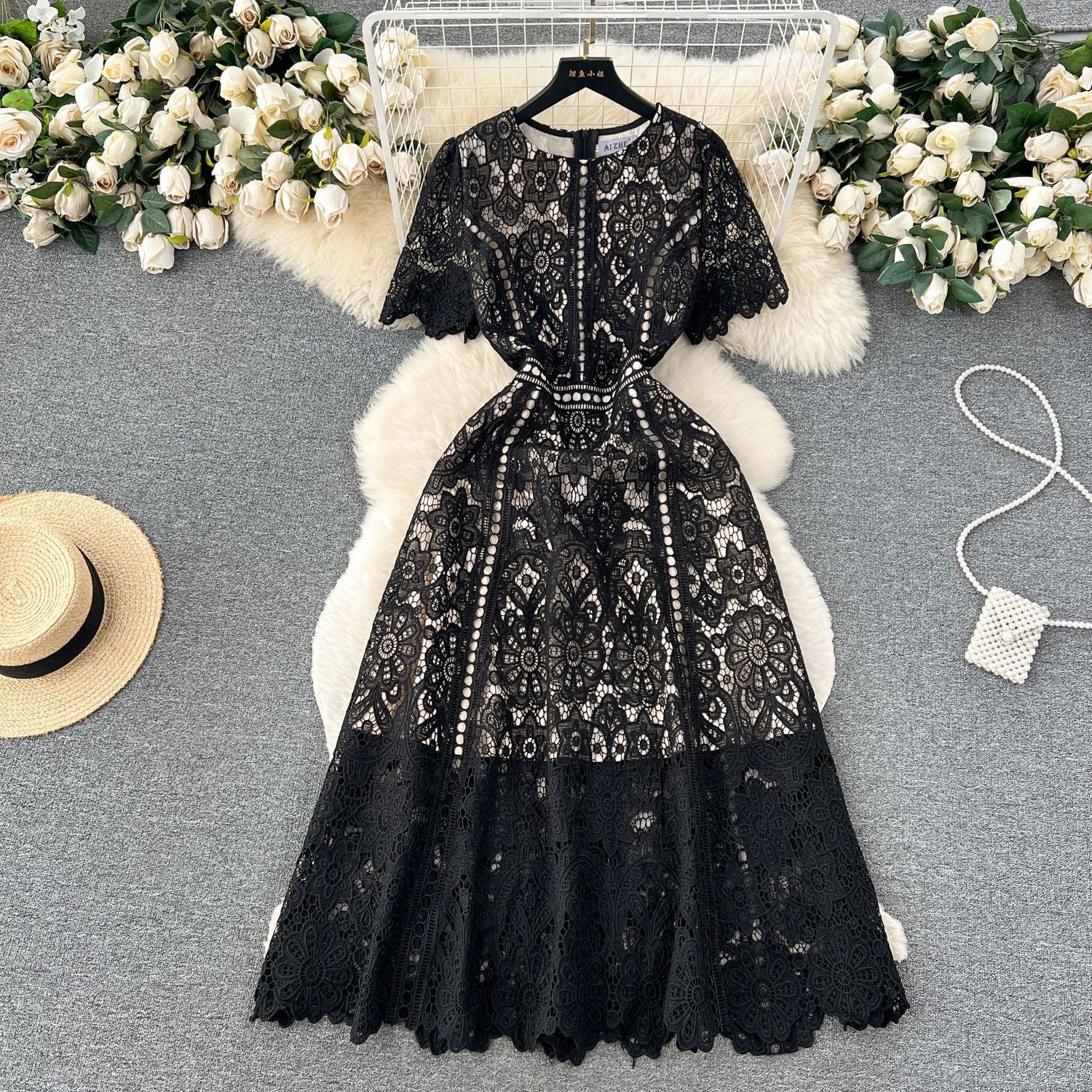 Round Neck Ruffle Sleeve Lace Dress Women's Summer Slim Fit Chic Elegant Gown 7