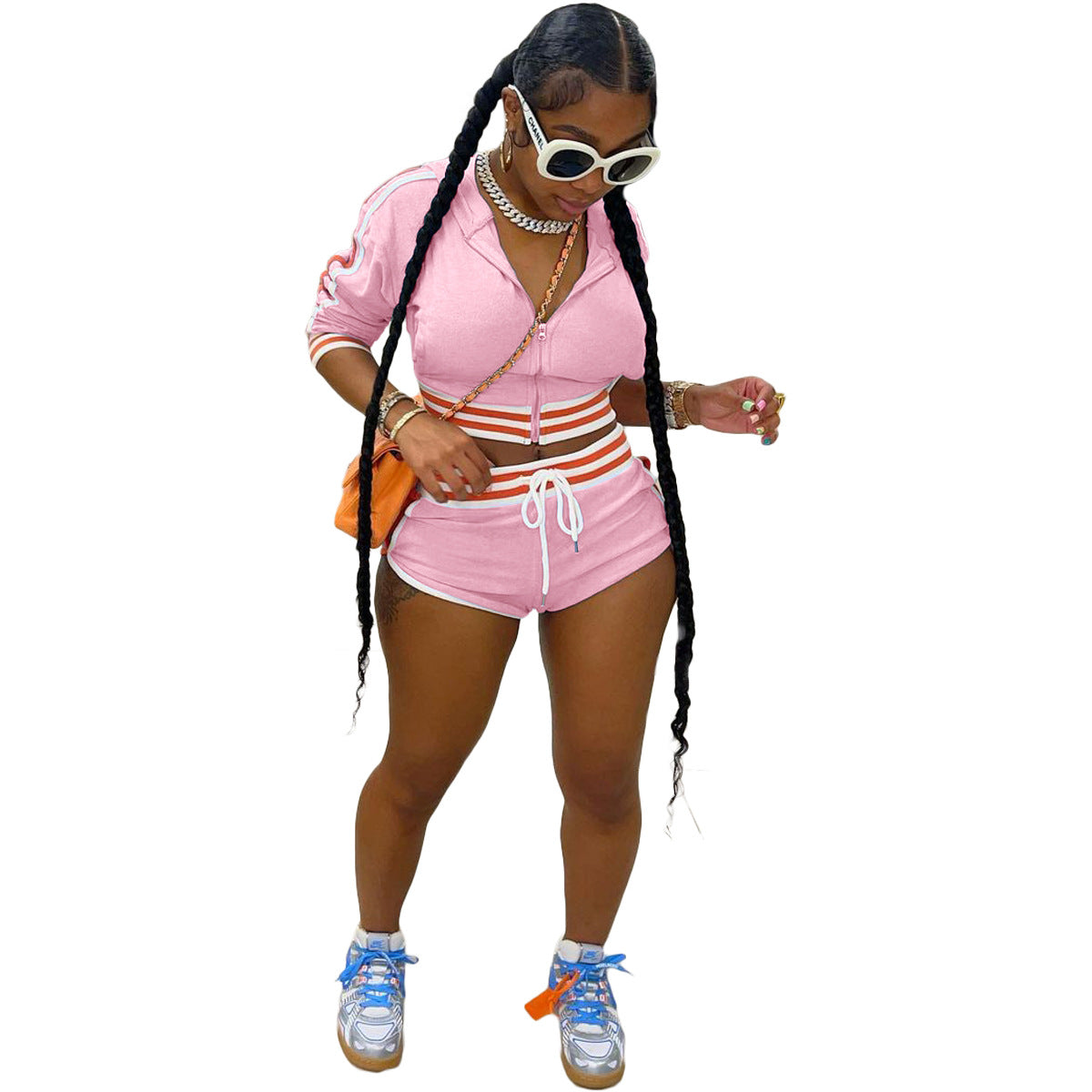 Women's Fashion Striped Patchwork Hooded Long Top Sexy Shorts Sports Two Piece Set 9