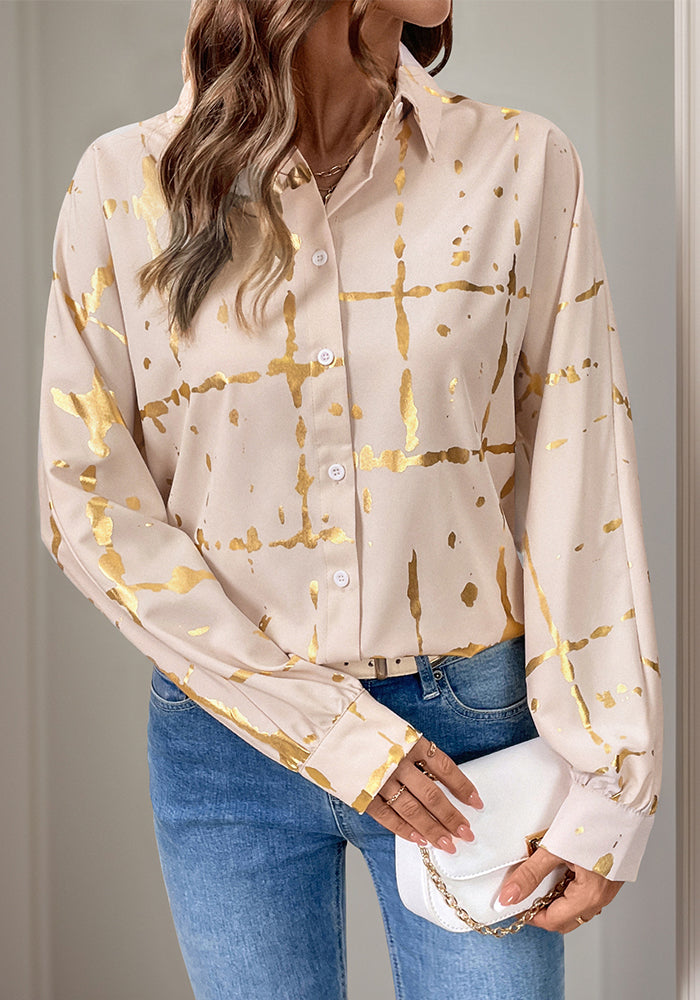 Women autumn and winter Casual Turndown Collar Shiny printed shirt