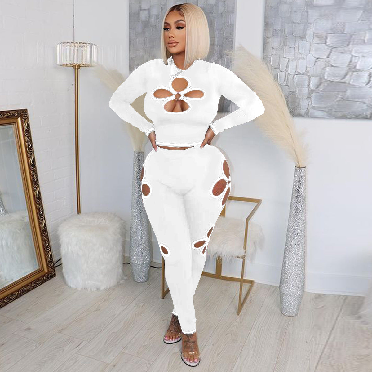 Stretch Ribbed Quatrefoil Cutout Sexy Two-Piece Set 4