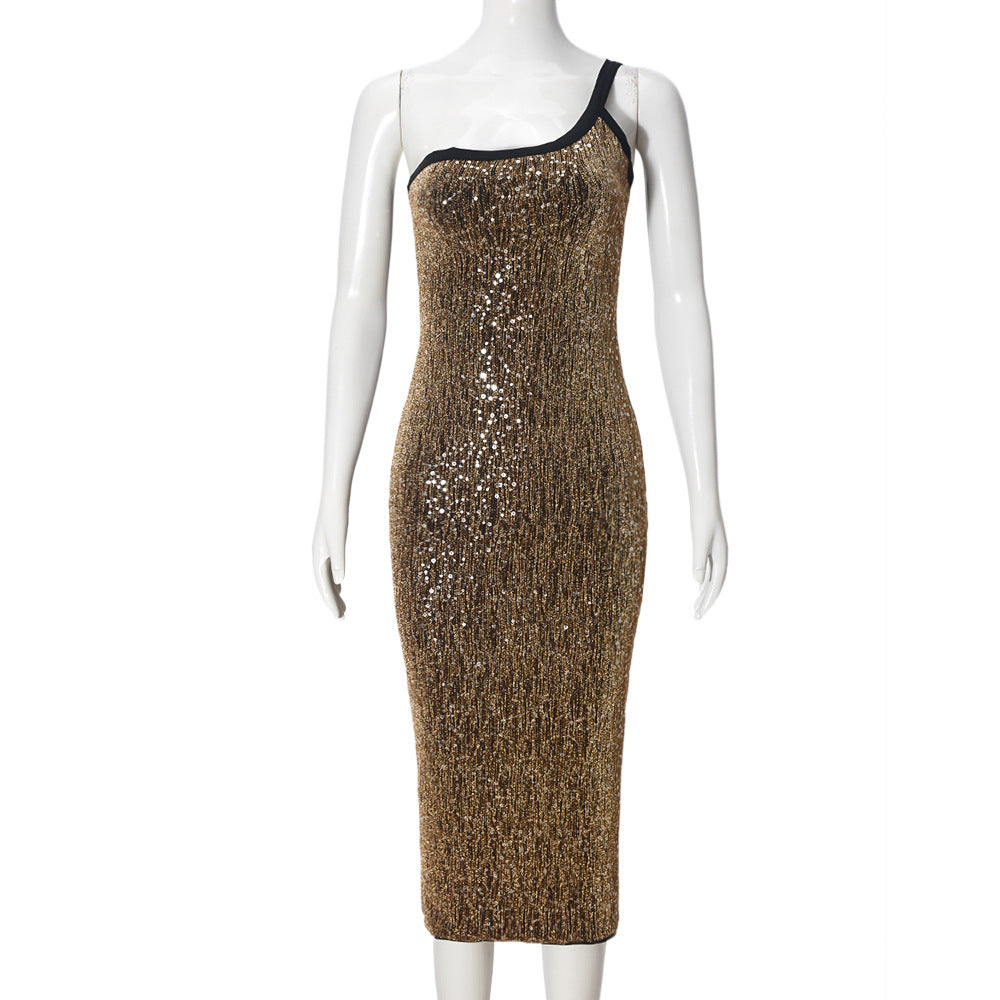 Spring Sequin One-Shoulder strap slim Midi Dress 6