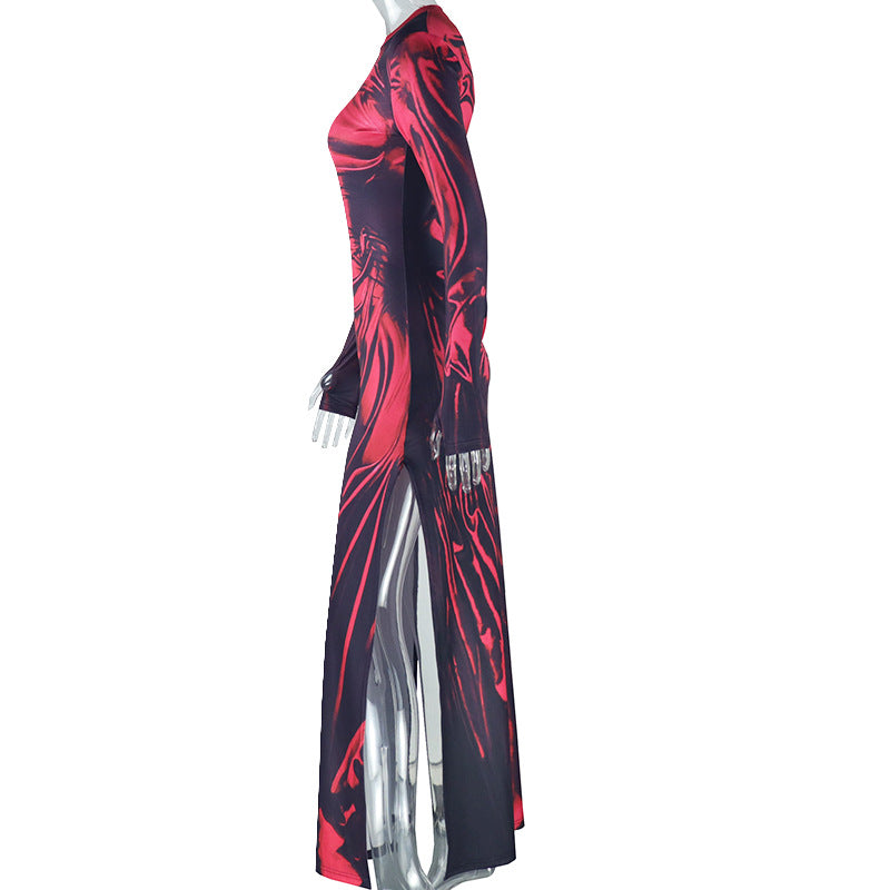 Women Elegant High Neck Long Sleeve Pleated Slit Dress 7