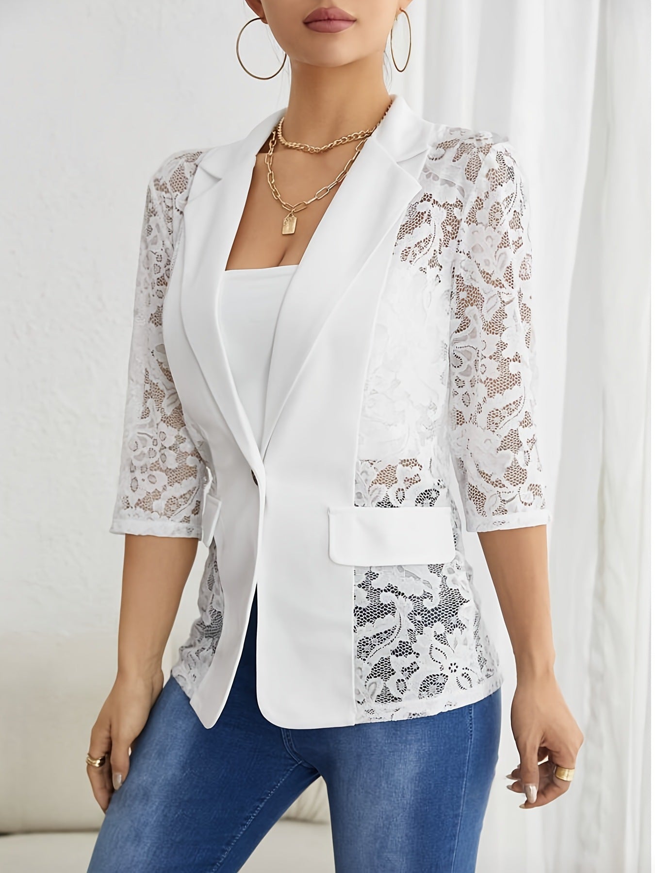 Spring Elegant Solid Color Fashion Lace Patchwork Women's Blazer Jacket 5