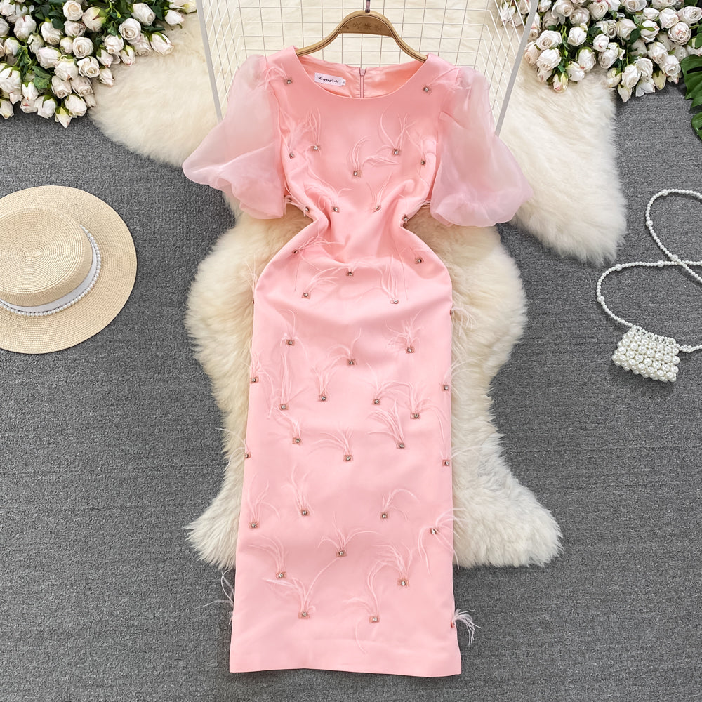 Luxury Chic Puff Sleeve Round Neck Slim Waist Slim Fit Tassel Bodycon Dress 4