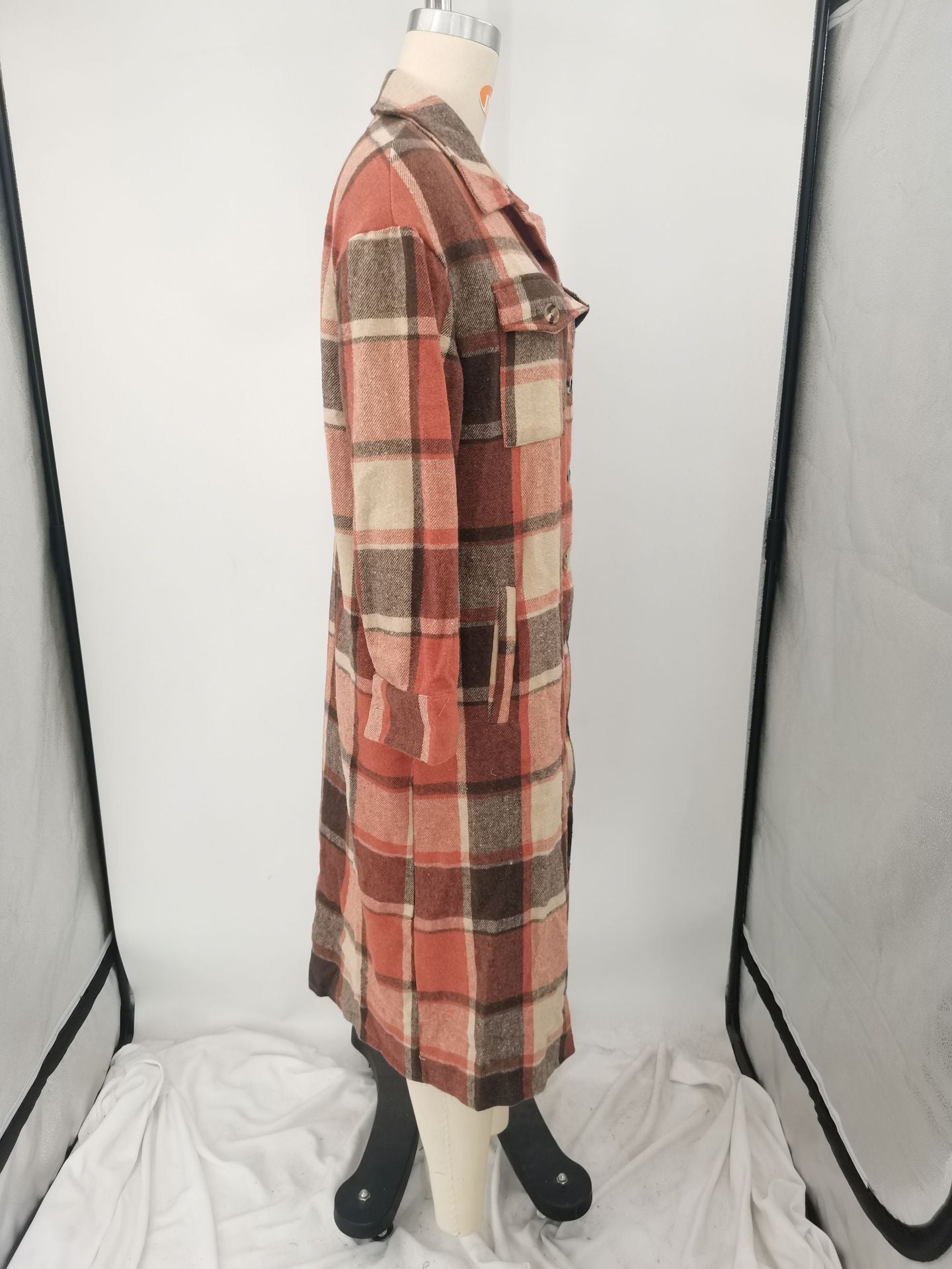 Women Autumn and Winter Loose Plaid Long Shirt Coat 13