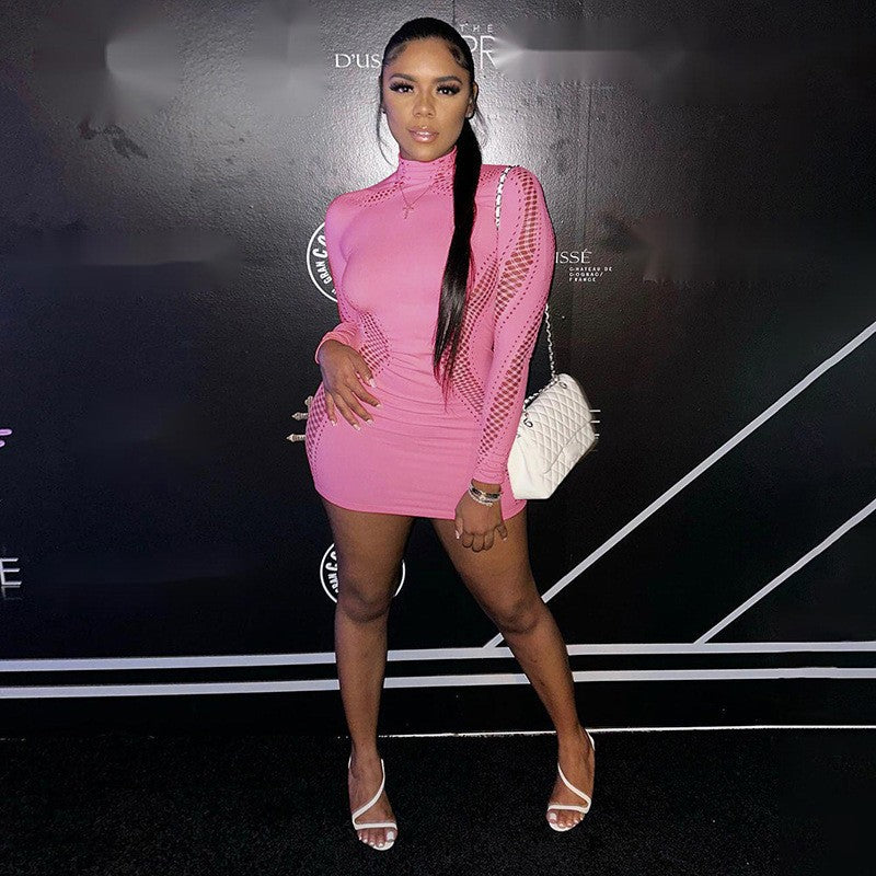 Spring Sexy Half Turtleneck Long-Sleeved Slim Hollow Knitting Mini Dress 5