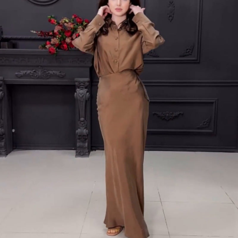 Women long-sleeved shirt Top and skirt two-piece set 6