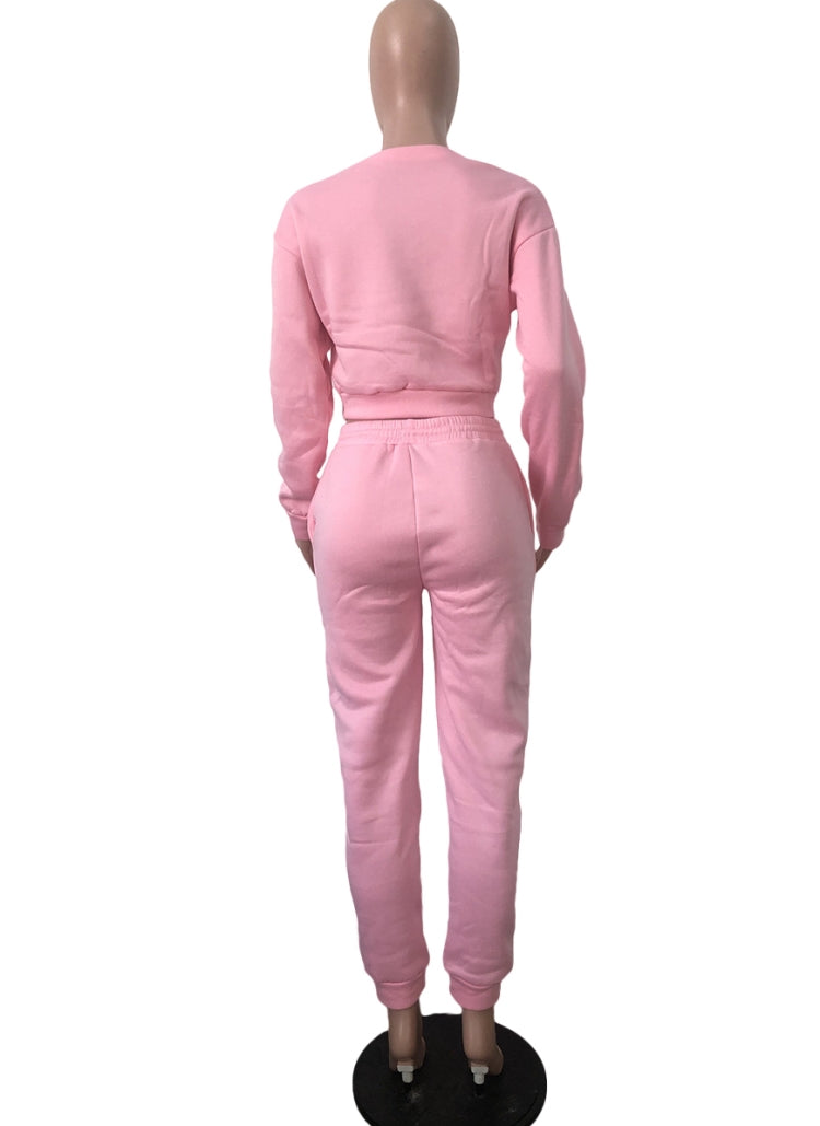 Winter Casual Letter Printed Pink Rouned Neck Long Sleeve Sweatshirt And Sweatpants Two Piece Wholesale Sportswear 5