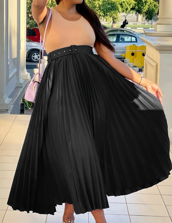 Women's Fashion Elegant Belted Plus Size Long Pleated Skirt 3