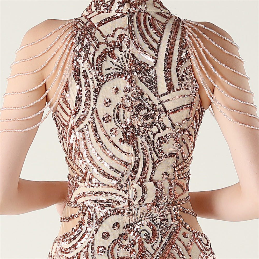 Women beaded chain shoulder sequin halter neck formal party evening dress 20