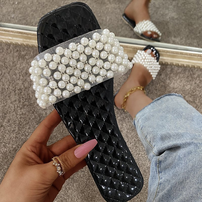 Ladies Summer Flat Slip-On Pearl Sandals 8