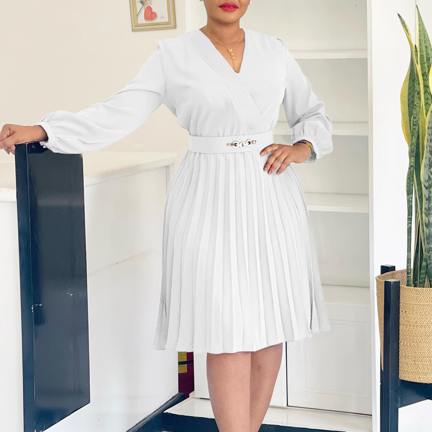 Women Spring V-Neck Pleated African Dress 4