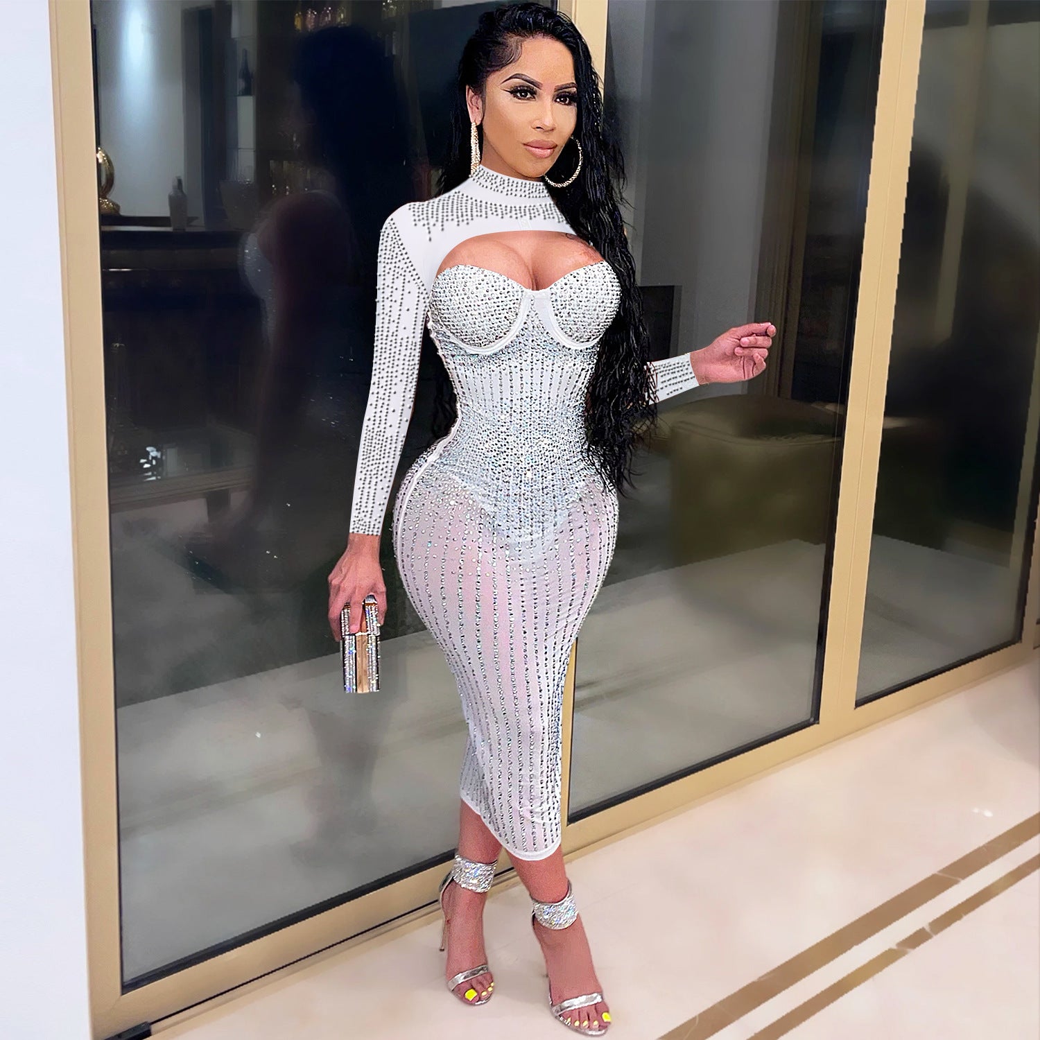 Women Mesh See-Through Beaded Strap Dress 11