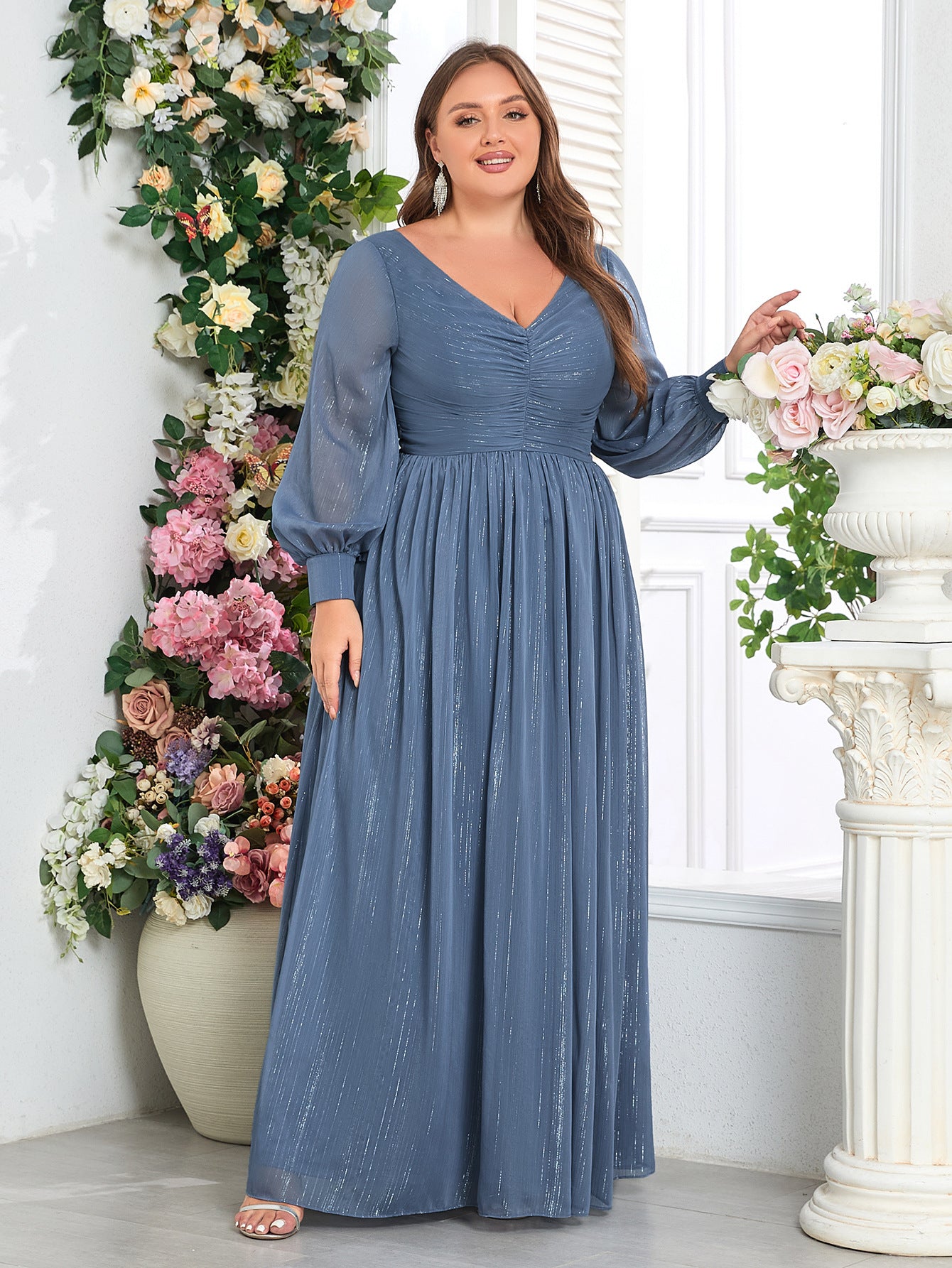 Plus Size Women Long Sleeve Double V-Neck Pleated Evening Dress 7