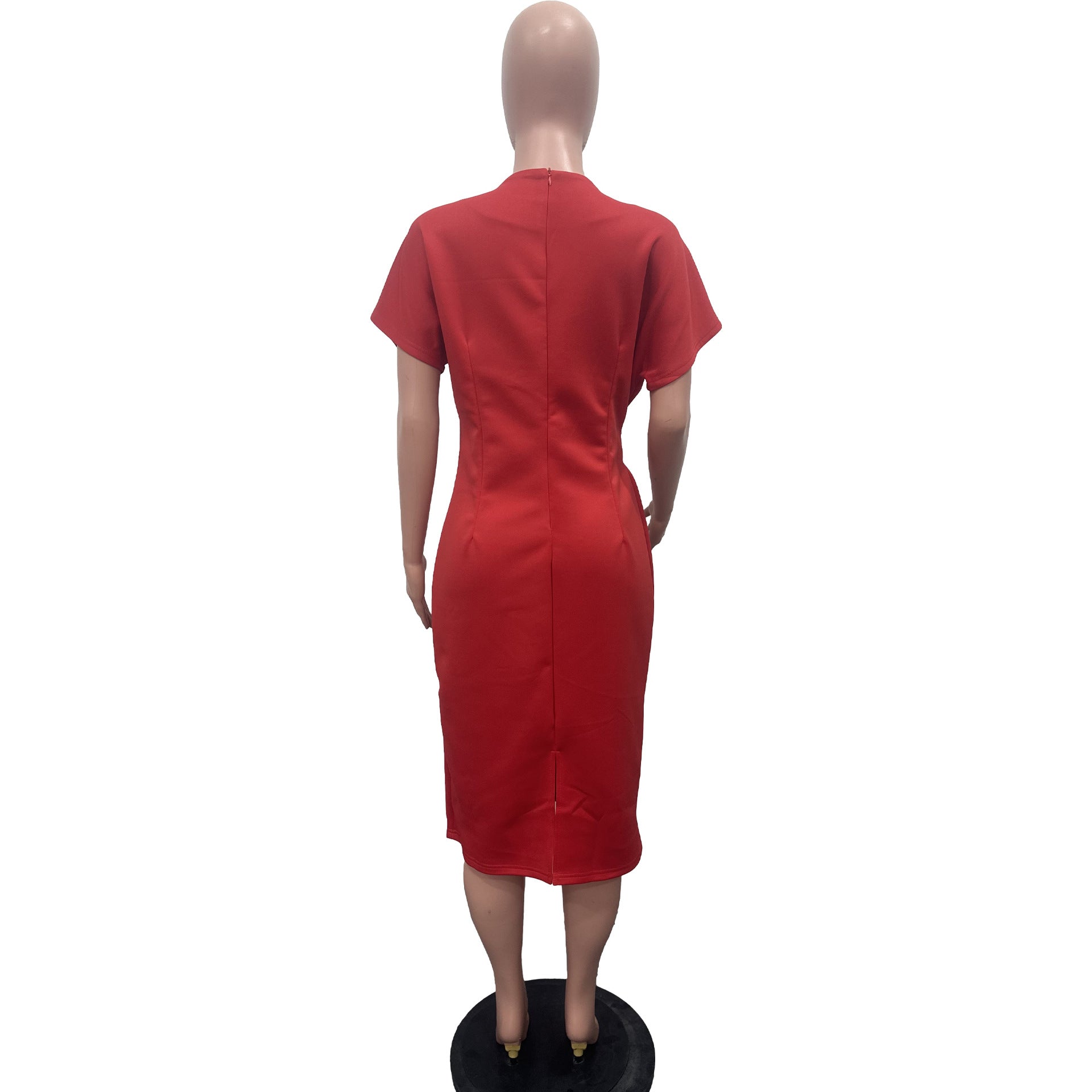 Women Solid Stud Diamond Round Neck Slit Dress 5