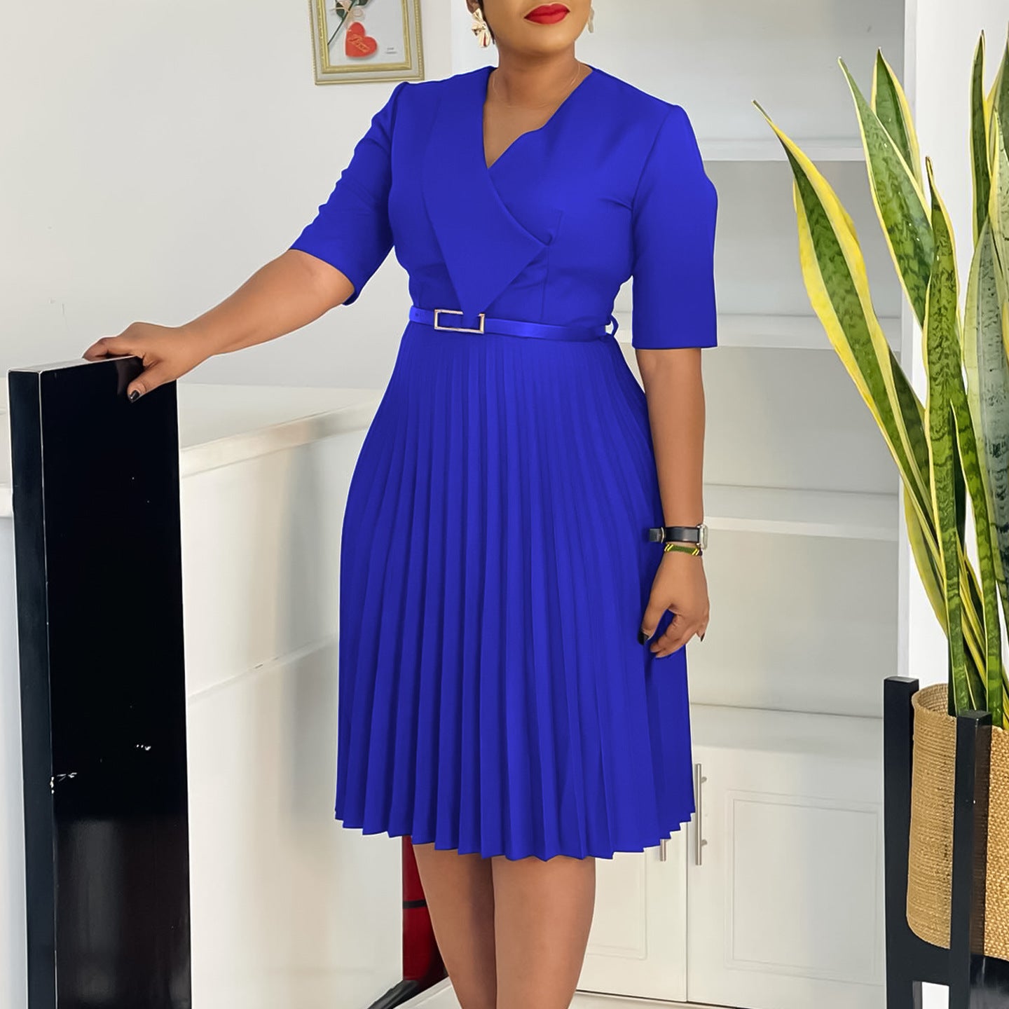 Women's Summer Fashion V-Neck Solid Color Plus Size Pleated African Dress 3