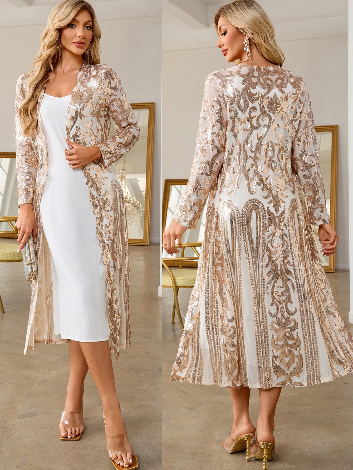 Sexy See-Through Mesh Sequin Long  Women's Coat