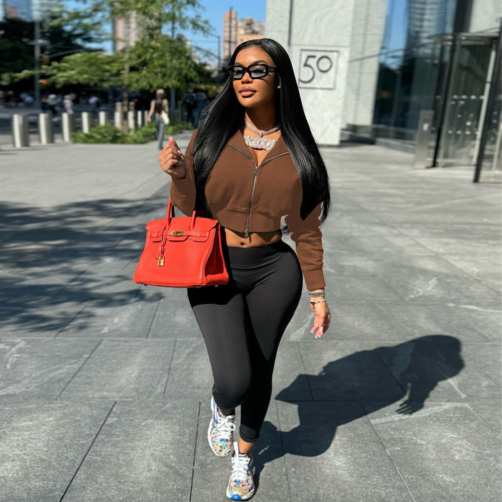 Women casual Rib Patchwork hooded zipper jacket 5