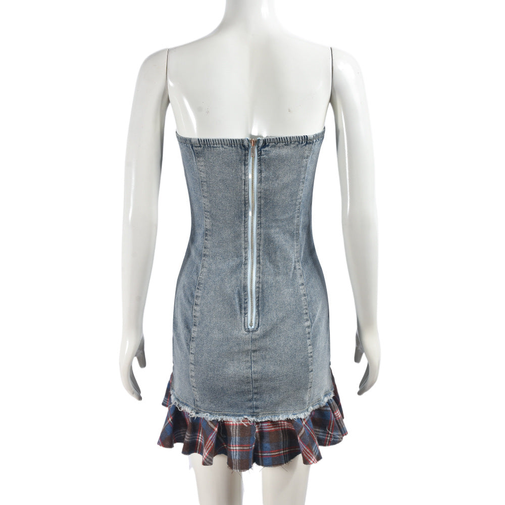 Women's Strapless Sexy Contrast Plaid Patchwork Stretch Denim Dress 7