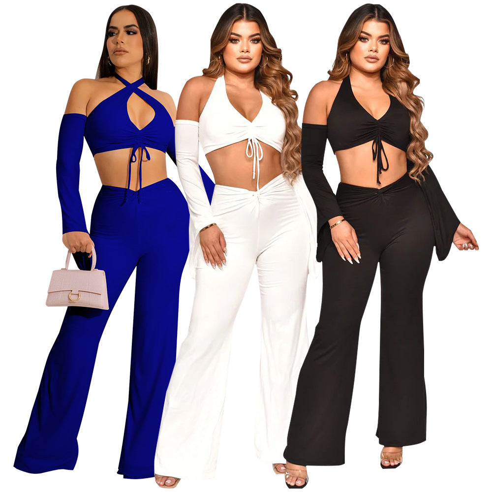 Women Fall Sexy Halter Neck Tie Crop Top+ Pants Two Piece