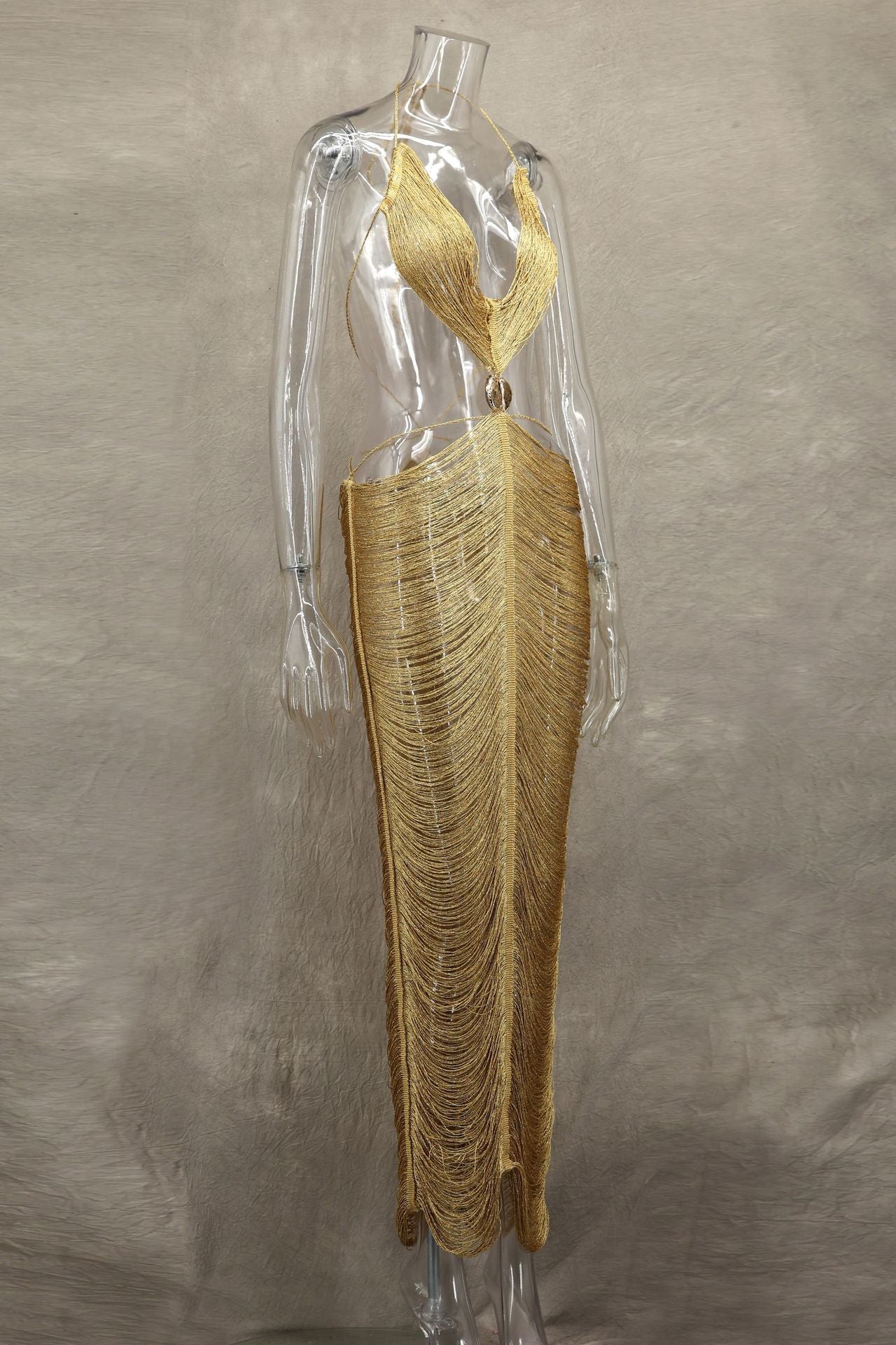 Spring Summer Fashion Shell Tassel Halter Neck Lace Up Sexy Slimming Adjustable Long Dress 9