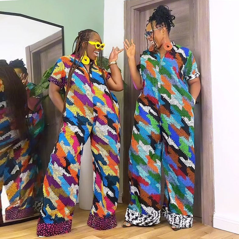 Sexy Printed Wide Leg Zip Loose Jumpsuit 4