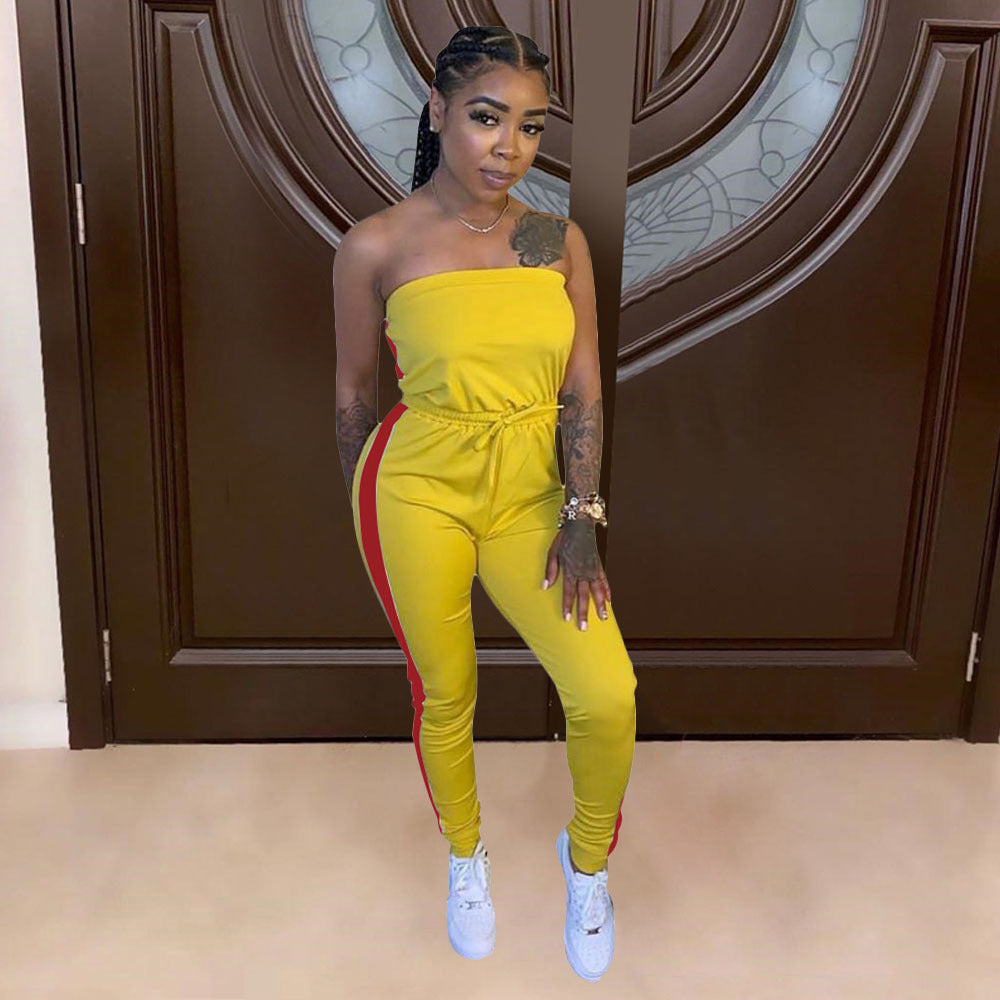 Spring and summer women's style slim fit strapless drawstring waist Jumpsuit 4