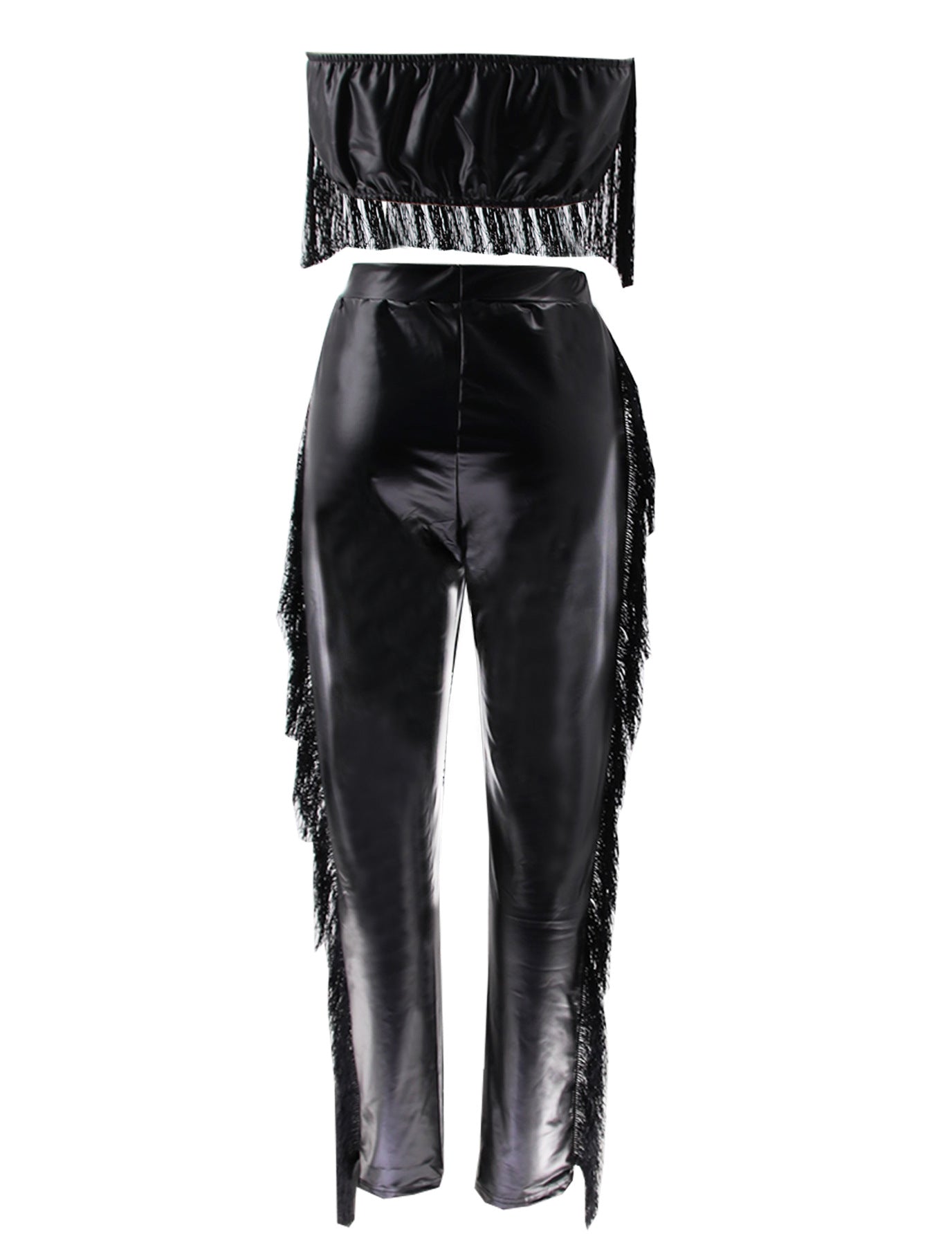 Sexy Strapless hollow tassel vest high waist Tight Fitting pants stretch leather two-piece set 11