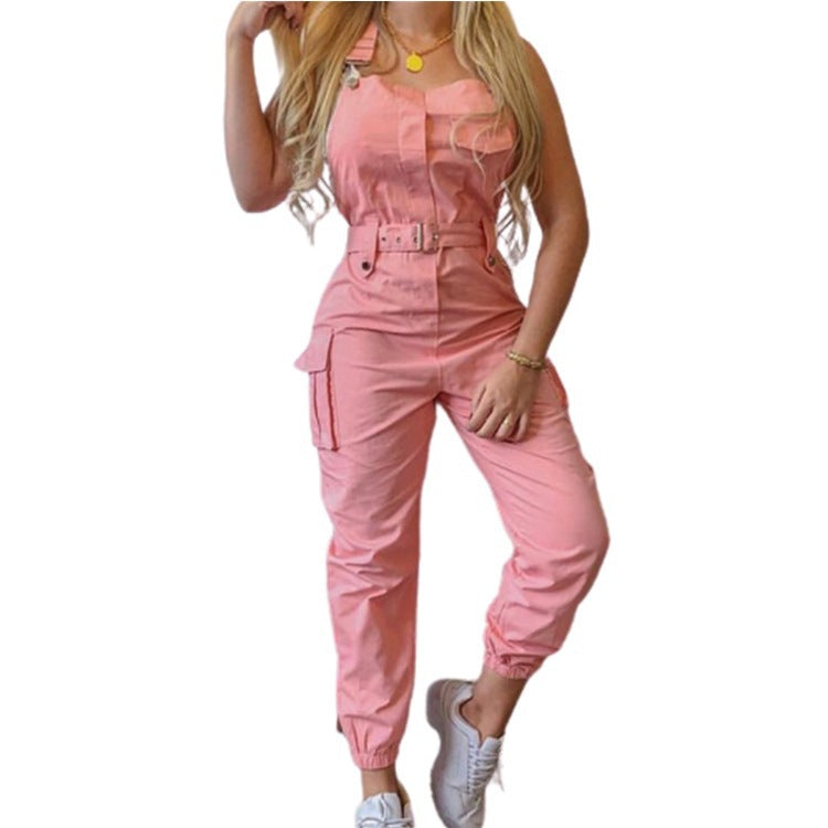 Women's Belt Sleeveless Overalls Cargo Jumpsuit 12