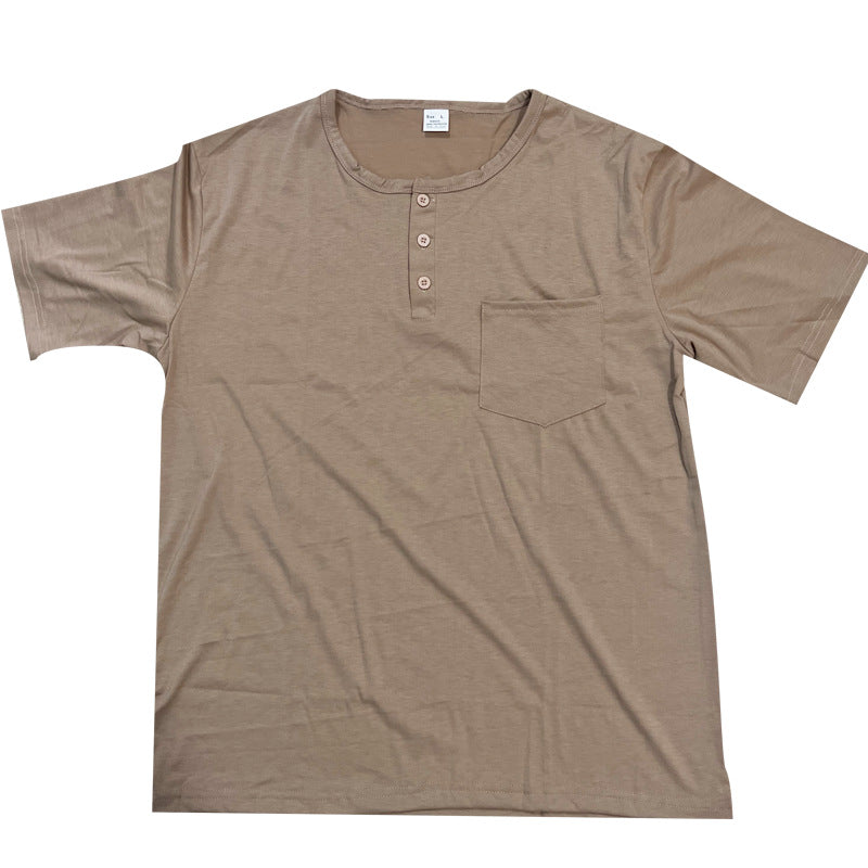 Men's Solid Button Stand Collar Short Sleeve T-shirt 21