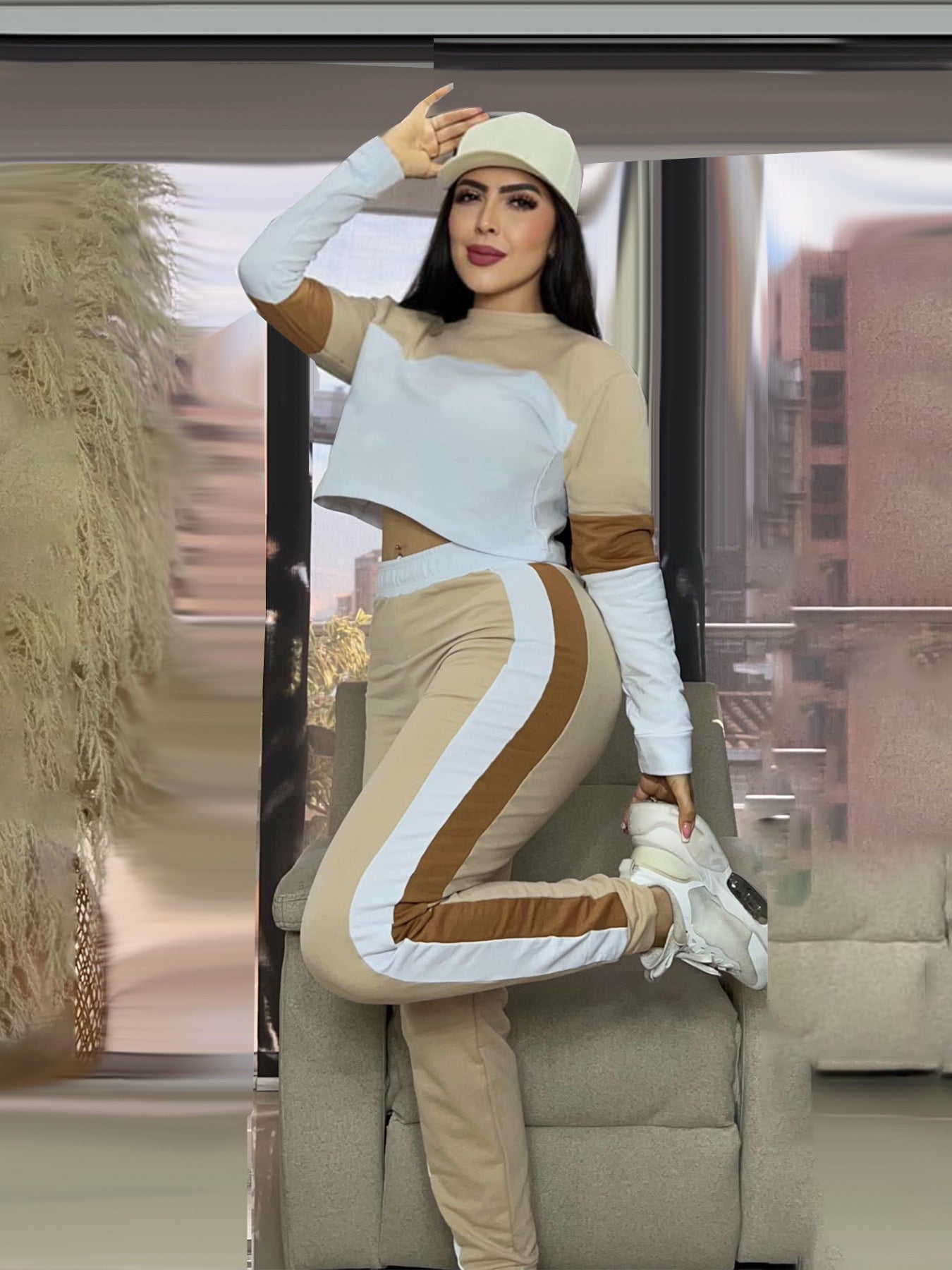 Fashion Street Color Block Patchwork Long Sleeve Sweatshirt & Sport Casual Pants Two-Piece Set 5