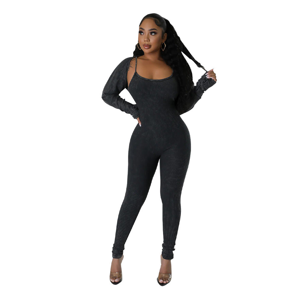 Women's Straps U Neck Sexy Tight Fitting Jumpsuit Long Sleeve Coat Two Piece Set 9